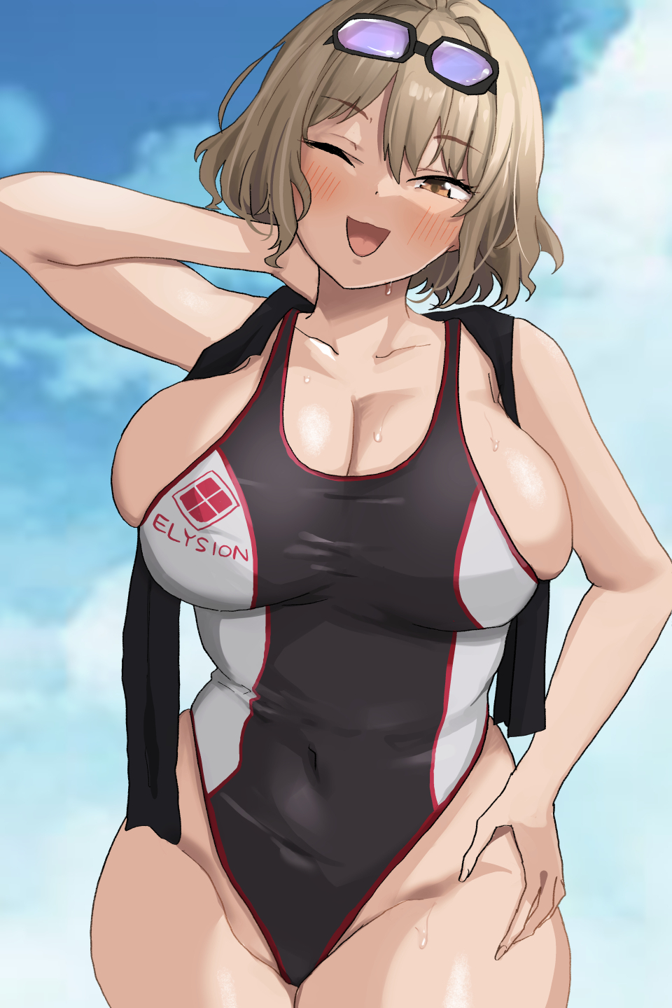 1girl :d alternate_costume anis_(nikke) black_one-piece_swimsuit blush breasts brown_eyes cleavage collarbone competition_swimsuit covered_erect_nipples goddess_of_victory:_nikke goggles goggles_on_head hand_on_own_hip hand_on_own_neck highleg highleg_one-piece_swimsuit highres large_breasts light_brown_hair logo multicolored_clothes multicolored_swimsuit one-piece_swimsuit one_eye_closed open_mouth rapi_(classic_vacation)_(nikke) rapi_(nikke) short_hair sideboob skindentation sky smile solo swim_goggles swimsuit takeura towel towel_around_neck white_one-piece_swimsuit