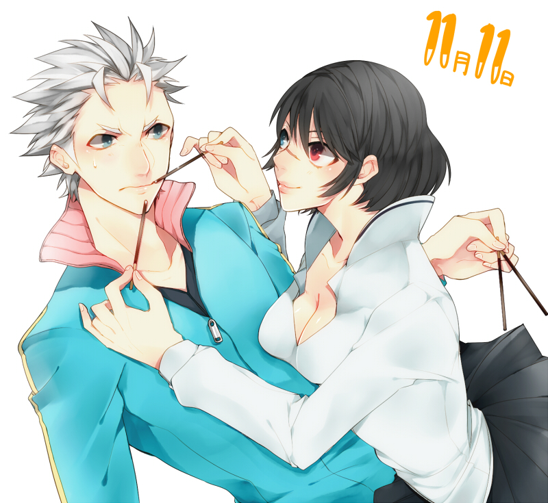 1boy 1girl black_hair blue_eyes devil_may_cry_(series) devil_may_cry_3 haine_(howling) heterochromia lady_(devil_may_cry) pocky pocky_day red_eyes scar vergil_(devil_may_cry) wavy_mouth white_hair