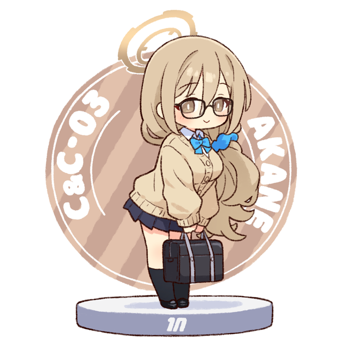 1girl :&gt; akane_(blue_archive) akane_(school_uniform)_(blue_archive) bag black-framed_eyewear black_bag black_socks blue_archive blush bow bowtie brown_eyes brown_hair cardigan character_name chibi collared_shirt commentary full_body glasses hair_ornament hair_scrunchie halo kneehighs leaning_forward long_hair long_sleeves looking_at_viewer millennium_science_school_logo onyhakase pleated_skirt school_bag scrunchie shirt shoes simple_background skirt smile socks solo standing very_long_hair white_shirt