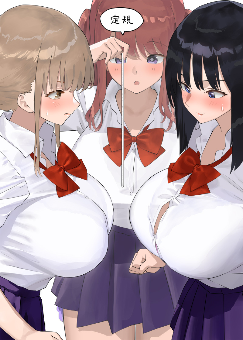 3girls :o black_hair blue_eyes blue_skirt blush bow bowtie breasts brown_eyes brown_hair closed_mouth collared_shirt commentary_request holding kaisen_chuui large_breasts multiple_girls open_mouth original pleated_skirt purple_eyes red_bow red_bowtie red_hair school_uniform shirt shirt_tucked_in simple_background skirt smile white_background white_shirt