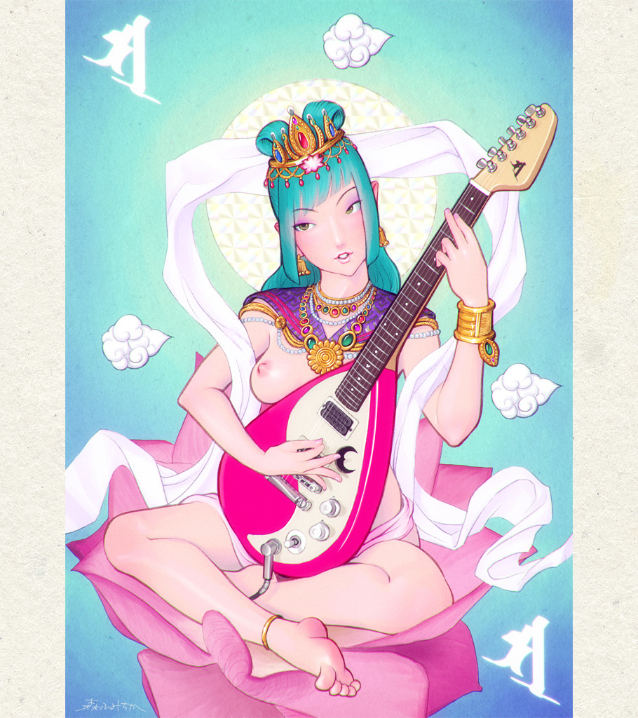 1girl anklet armlet barefoot benzaiten_(mythology) blue_hair breasts commentary_request earrings electric_guitar fumichika_mori grey_eyes guitar hagoromo indian_style instrument japanese_mythology jewelry long_hair music nipples nude original parted_lips playing_instrument pointy_ears shawl sitting small_breasts solo toes