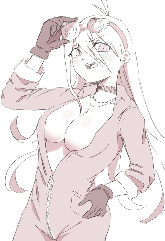 1girl antenna_hair bababaeki00 blush breasts choker cleavage collarbone cowboy_shot d: danganronpa_(series) danganronpa_v3:_killing_harmony gloves iruma_miu jewelry jumpsuit large_breasts long_hair long_sleeves monochrome necklace open_mouth smile solo teeth upper_teeth_only