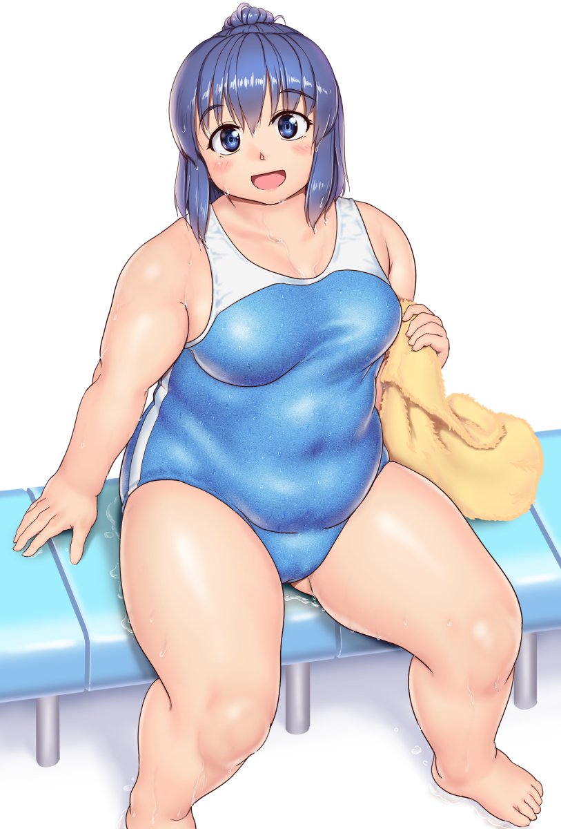 1girl arm_support blue_eyes blue_hair blush breasts cameltoe cleft_of_venus collarbone commentary_request covered_navel fat fat_step-sister_(orizen) foot_out_of_frame hair_between_eyes head_tilt highres holding holding_towel looking_at_viewer medium_breasts medium_hair one-piece_swimsuit open_mouth original orizen ponytail shadow sitting smile solo spread_legs swimsuit tareme thick_arms thick_thighs thighs towel wet white_background