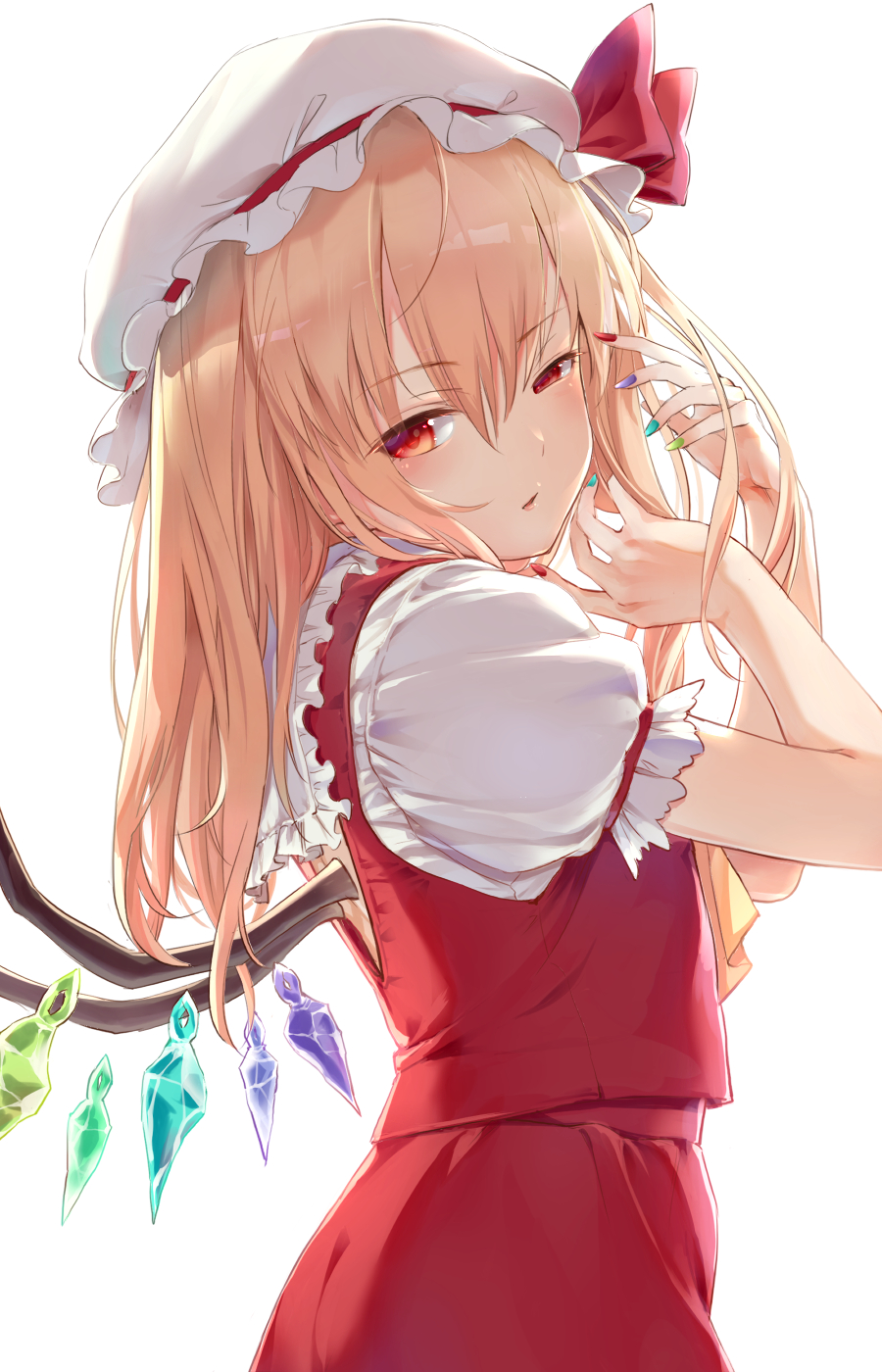 1girl aqua_nails ascot blonde_hair bow commentary_request flandre_scarlet from_side green_nails hair_bow hat hat_ribbon highres long_hair looking_at_viewer mob_cap nail_polish oborofu puffy_short_sleeves puffy_sleeves purple_nails red_eyes red_nails red_skirt red_vest ribbon shirt short_sleeves simple_background skirt skirt_set solo touhou uneven_eyes vest white_background white_hat white_shirt wings yellow_ascot