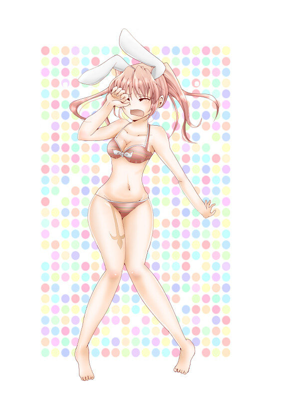 07th_expansion 1girl animal_ears barefoot bikini chiester45 chiester_sisters female_focus fuji_meno long_hair no_naku_koro_ni_(series) nr_fjmr pink_hair rabbit_ears solo swimsuit twintails umineko_no_naku_koro_ni