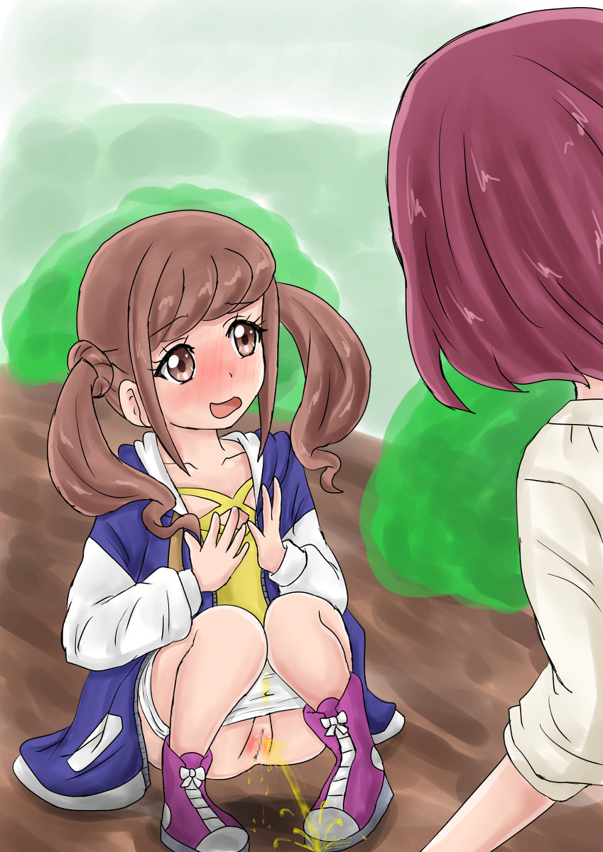 2girls blue_hoodie blush boots brown_eyes brown_footwear brown_hair bush censored collarbone dress from_behind hanadera_nodoka healin&#039;_good_precure highres hiramitsu_hinata hood hoodie long_hair multiple_girls open_clothes open_hoodie open_mouth panties panty_pull pee_stain peeing pink_hair precure pussy shirt short_hair short_sleeves sky smile squatting stained_panties standing twintails umi_(pixiv_998325) underwear wet wet_clothes wet_panties white_hoodie white_panties white_shirt yellow_dress zipper