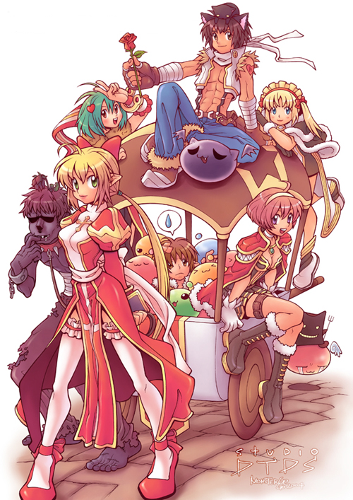 2000s_(style) 3boys 4girls abs ahoge angel_wings angeling animal animal_around_neck animal_ears bad_id belt_pouch blonde_hair blue_eyes blue_pants boots breasts brown_background brown_cape brown_dress brown_eyes brown_footwear brown_gloves brown_hair cape cat_boy cat_ears cleavage closed_mouth collar commentary_request copyright_notice creator_(ragnarok_online) crop_top crossed_bandaids dated_commentary detached_sleeves deviruchi dress drops_(ragnarok_online) fingerless_gloves flower fox full_body fur-trimmed_cape fur-trimmed_footwear fur-trimmed_pants fur-trimmed_shirt fur_trim gloves green_hair hairband heart heart_hair heart_tattoo high_priest_(ragnarok_online) high_wizard_(ragnarok_online) holding holding_pitchfork juliet_sleeves korean_commentary long_hair long_sleeves looking_at_viewer maid marin_(ragnarok_online) medium_breasts monster_gogo multiple_boys multiple_girls official_art open_clothes open_mouth open_shirt pants pitchfork poporing poring pouch professor_(ragnarok_online) puffy_sleeves pullcart ragnarok_online red_cape red_dress red_eyes red_flower red_footwear red_rose red_sleeves rose sash shirt shoes short_dress short_hair sitting sleeveless sleeveless_shirt slime_(creature) smile sniper_(ragnarok_online) spiked_collar spikes striped_sleeves suspenders tattoo thighhighs toned toned_male twintails two-tone_dress white_background white_dress white_footwear white_gloves white_hairband white_sash white_shirt white_thighhighs whitesmith_(ragnarok_online) wings zombie zombie_(ragnarok_online)