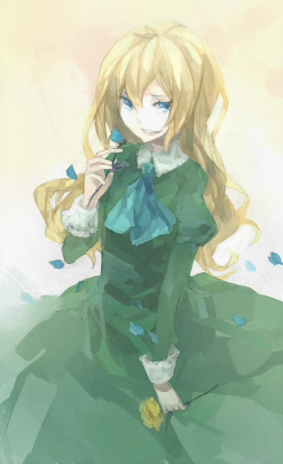 1girl blonde_hair blue_eyes blue_flower blue_neckerchief blue_rose commentary_request dress falling_petals flower gradient_background green_dress grin hand_up holding holding_flower ib_(kouri) juliet_sleeves long_hair long_sleeves looking_at_viewer mary_(ib) neckerchief open_mouth petals puffy_sleeves rose shrie smile solo teeth two-tone_background white_background yellow_background yellow_flower yellow_rose