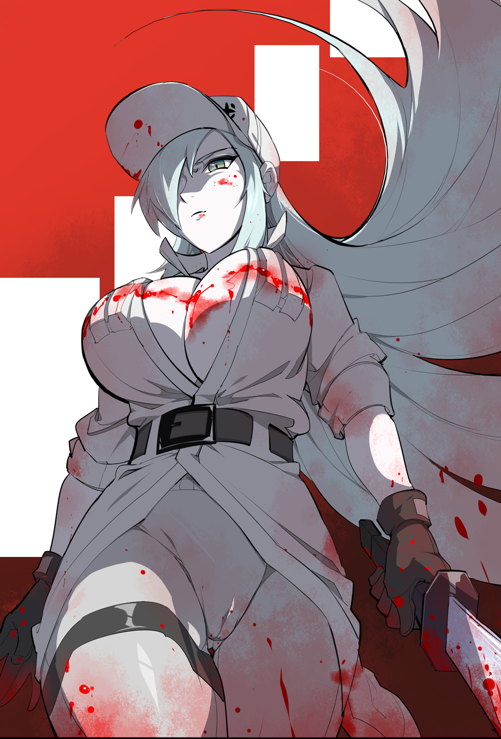 1girl baseball_cap belt blood blood_on_breasts blood_on_clothes blood_on_face breasts center_opening clang cleavage colored_skin employee_uniform gloves hair_over_one_eye hat hataraku_saibou hataraku_saibou_black highres holding holding_sword holding_weapon large_breasts pale_skin pants solo sword u-1196 weapon white_blood_cell_(hataraku_saibou) white_hair white_pants white_skin