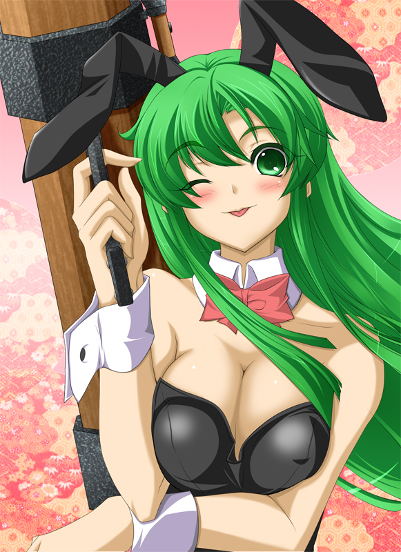 1girl ;p animal_costume animal_ears bow bowtie breasts breasts_squeezed_together cleavage cuffs fake_animal_ears female_focus ganbare_goemon green_eyes green_hair large_breasts leotard long_hair matching_hair/eyes mugi_no_yae one_eye_closed playboy_bunny rabbit_ears rocket_launcher solo tongue tongue_out toron_(mino106) weapon wink yae_(ganbare_goemon)