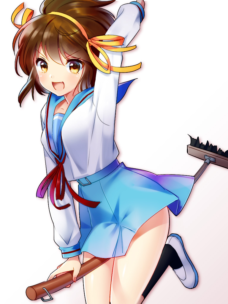 1girl bad_id bad_pixiv_id between_legs broom brown_eyes brown_hair cleaning_brush female_focus hairband jumping school_uniform serafuku short_hair solo suzumiya_haruhi suzumiya_haruhi_no_yuuutsu ta-