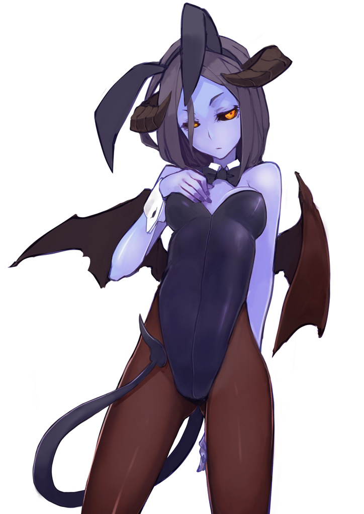 1girl animal_ears bat_wings black_hair black_sclera blue_skin bow bowtie colored_sclera colored_skin demon_girl demon_tail detached_collar fake_animal_ears female_focus horns leotard long_hair original pantyhose playboy_bunny rabbit_ears solo tail totteri wings wrist_cuffs yellow_eyes