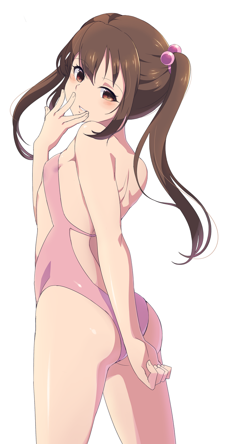 1girl ass back backless_outfit bad_id bad_pixiv_id blush brown_hair covering_ass covering_own_mouth covering_privates female_focus flat_chest hair_bobbles hair_ornament highres kurosa_kichi long_hair looking_at_viewer one-piece_swimsuit parted_lips photokano pink_one-piece_swimsuit sakura_mai_(photokano) seductive_smile simple_background smile solo standing swimsuit twintails white_background