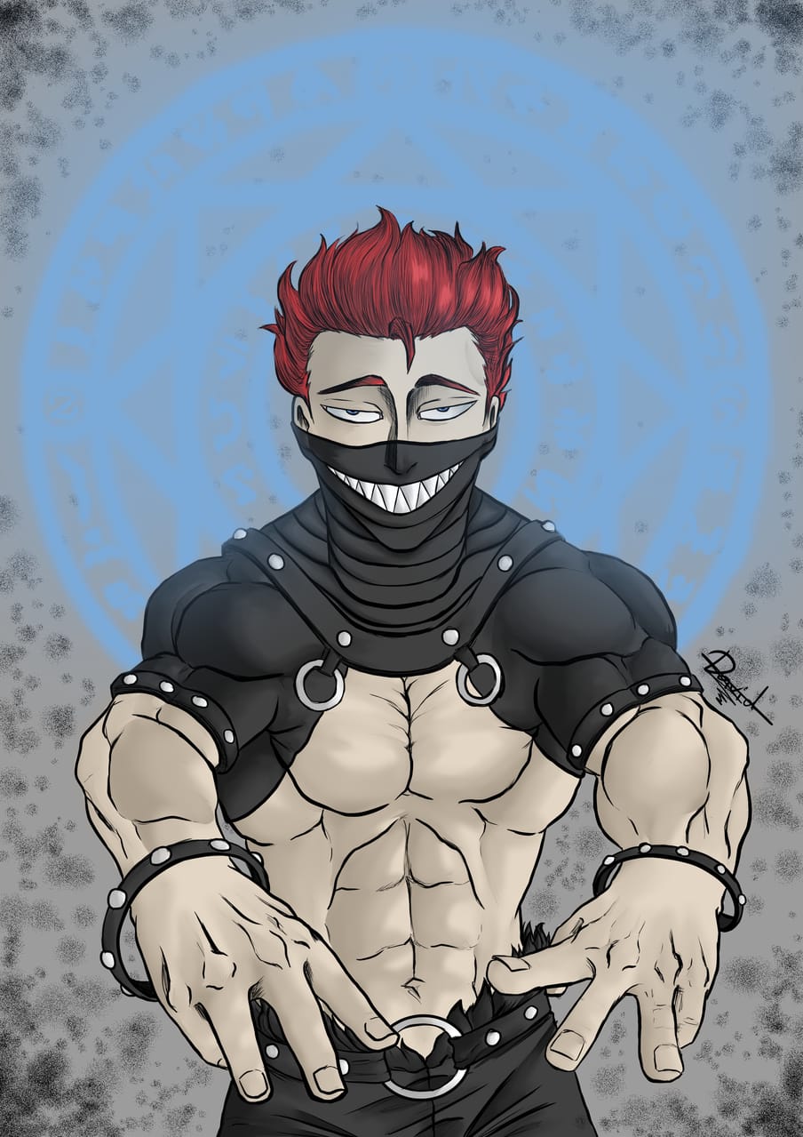 1boy abs belt black_clover black_pants blue_eyes bodysuit highres looking_at_viewer male_focus mask muscular muscular_arms muscular_male no_shirt pants pectorals red_eyes sharp_teeth solo teeth zora_ideale