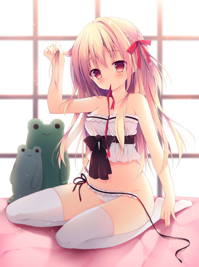 1girl arm_at_side arm_up backlighting bare_arms bare_shoulders bed_sheet black_bow black_ribbon blonde_hair blush bow breasts cleavage collarbone female_focus full_body hair_bow head_tilt holding holding_own_hair indoors izumiyuhina lingerie long_hair looking_at_viewer lying medium_breasts mouth_hold navel on_back original panties red_bow red_eyes ribbon side-tie_panties solo stomach strapless stuffed_animal stuffed_frog stuffed_toy tareme thighhighs tying_hair underwear untied_panties white_panties white_thighhighs window