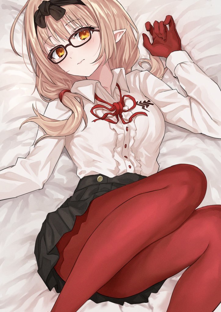 1girl bed_sheet black_headband black_skirt blue_archive breasts chinatsu_(blue_archive) collared_shirt deca_purio glasses gloves headband large_breasts light_brown_hair long_hair looking_at_viewer lying on_back on_bed orange_eyes pantyhose pleated_skirt pointy_ears red_gloves red_pantyhose shirt skirt solo white_shirt