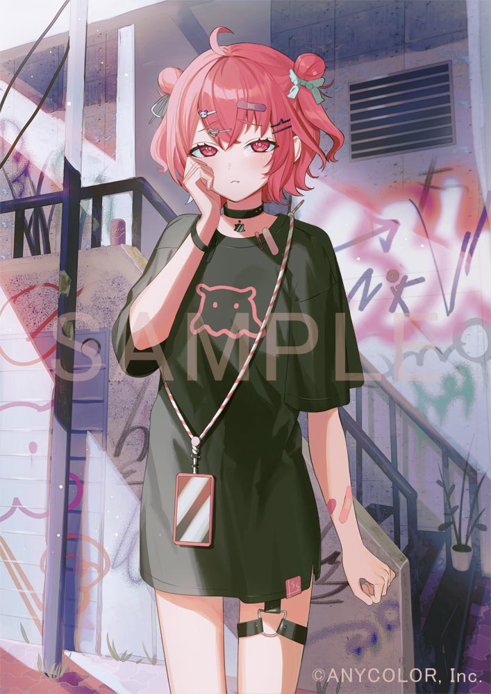 bandages black_choker candy cellphone choker closed_mouth double_bun food hair_between_eyes hair_bun hair_ornament hairclip hand_up holding holding_candy holding_food holding_lollipop lollipop looking_at_viewer nijisanji official_art outdoors phone pink_eyes pink_hair sample_watermark sasaki_saku short_hair short_sleeves smartphone solo standing toinana virtual_youtuber watermark