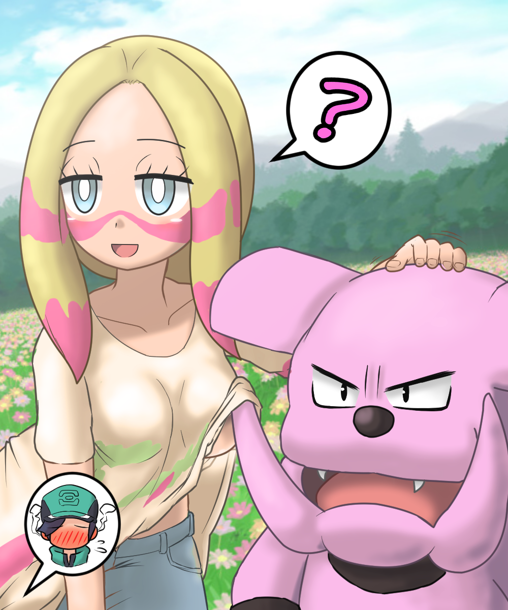 1boy 1girl ? accident accidental_exposure artist_request blonde_hair blue_eyes blush breasts clothes_lift cloud clueless collar creatures_(company) facepaint fangs flower flying_sweatdrops full-face_blush game_freak gen_2_pokemon granbull half-closed_eyes hat headpat highres long_hair medium_breasts midriff_peek mina_(pokemon) motion_lines nintendo no_bra no_eyes open_mouth outdoors paint plant pokemon pokemon_(creature) pokemon_masters_ex pokemon_sm scottie_(pokemon) shirt_lift sky smile standing tree tusks underboob