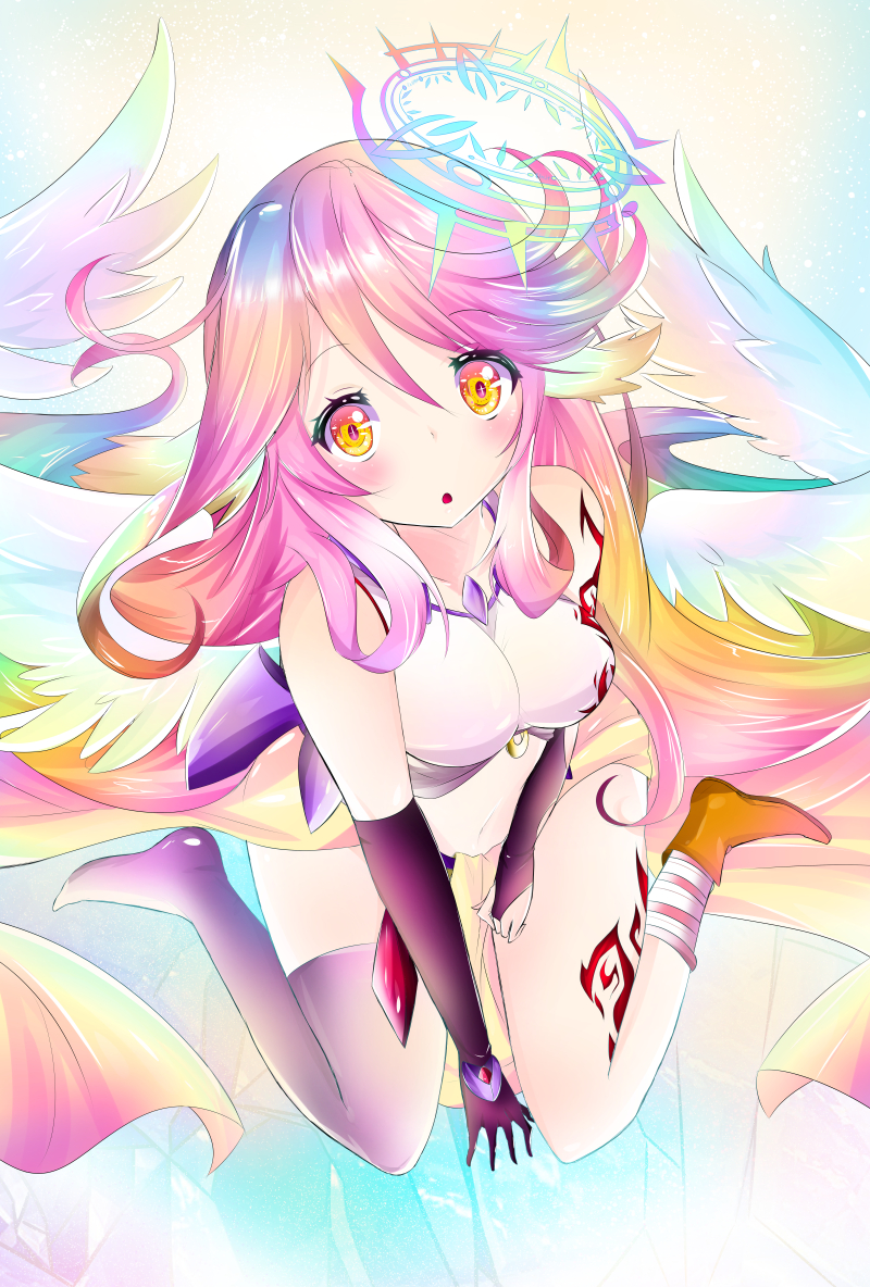 1girl angel angel_wings asymmetrical_legwear breasts chappyzilla commentary_request spiked_halo feathered_wings gloves gradient_hair gradient_wings halo jibril_(no_game_no_life) large_breasts long_hair looking_at_viewer low_wings magic_circle midriff mismatched_legwear multicolored_eyes multicolored_hair multicolored_wings navel no_game_no_life orange_eyes pink_hair purple_eyes shoes single_shoe solo tattoo very_long_hair wing_ears wings yellow_eyes