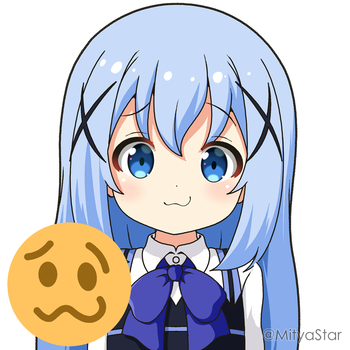 1girl blue_bow blue_eyes blue_hair blue_vest bow closed_mouth collared_shirt commentary_request emoji gochuumon_wa_usagi_desu_ka? hair_between_eyes hair_ornament imitating kafuu_chino long_hair looking_at_viewer mitya rabbit_house_uniform shirt simple_background solo twitter_username upper_body vest waitress wavy_mouth white_background white_shirt x_hair_ornament