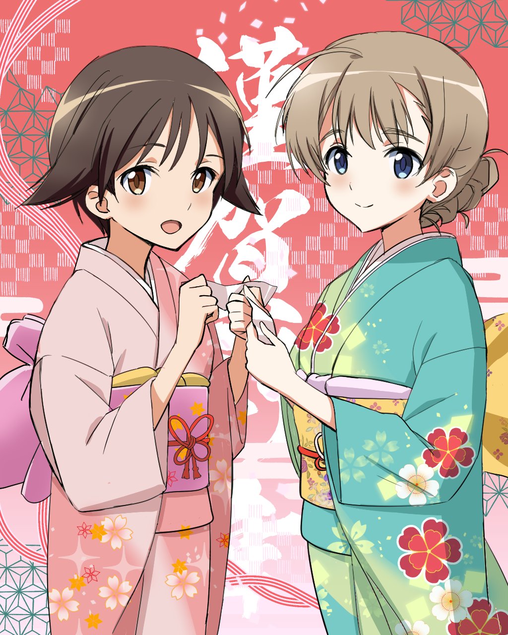 2girls asa_no_ha_(pattern) text_background blue_eyes brown_eyes brown_hair closed_mouth commentary_request floral_print green_kimono hair_flaps hair_up happy_new_year highres holding holding_paper japanese_clothes kaneko_(novram58) kimono long_sleeves looking_at_viewer lynette_bishop miyafuji_yoshika multiple_girls new_year obi open_mouth paper pink_kimono print_kimono red_eyes sash short_hair smile sparkle standing strike_witches world_witches_series