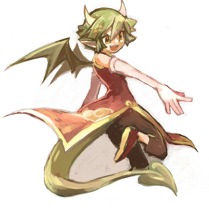 1girl china_dress chinese_clothes draco_centauros dragon_tail dragon_wings dress elbow_gloves female_focus gloves green_hair horns karatou madou_monogatari pants puyopuyo shoes short_hair solo tail white_gloves wings