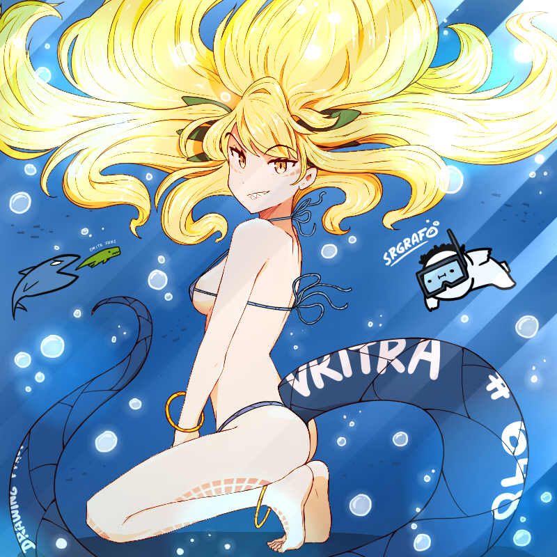 1girl anklet barefoot bikini blonde_hair blue_bikini bracelet fate/grand_order fate_(series) floating_hair grin jewelry kneeling long_hair micro_bikini sharp_teeth smile srgrafo swimsuit tail teeth thong_bikini very_long_hair vritra_(fate) yellow_eyes