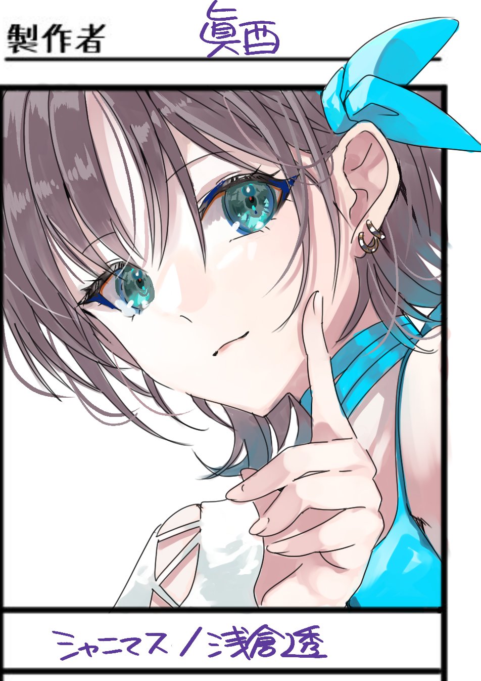 1girl aqua_eyes asakura_toru bow brown_hair choker close-up commentary_request earrings gradient_hair hair_bow highres idolmaster idolmaster_shiny_colors jewelry looking_at_viewer madori_(sayuri5) multicolored_hair pointing portrait short_hair solo translation_request upper_body