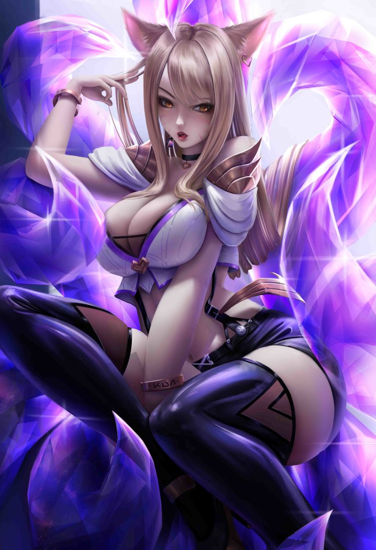 1girl ahri_(league_of_legends) animal_ears arm_up bangle between_legs black_choker black_shorts black_thighhighs blonde_hair bracelet breasts brown_footwear choker cleavage commentary_request crop_top crystal_tail earrings facial_mark foot_out_of_frame fox_ears fox_tail gem hand_between_legs heart heart_choker heart_earrings high_heels jewelry k/da_(league_of_legends) k/da_ahri kitsune large_breasts league_of_legends long_hair looking_at_viewer midriff_peek navel open_mouth orange_eyes playing_with_own_hair purple_gemstone purple_shirt shirt shorts sitting skindentation solo sparkle tail thighhighs thighs two-tone_shirt user_mim3719 whisker_markings white_shirt