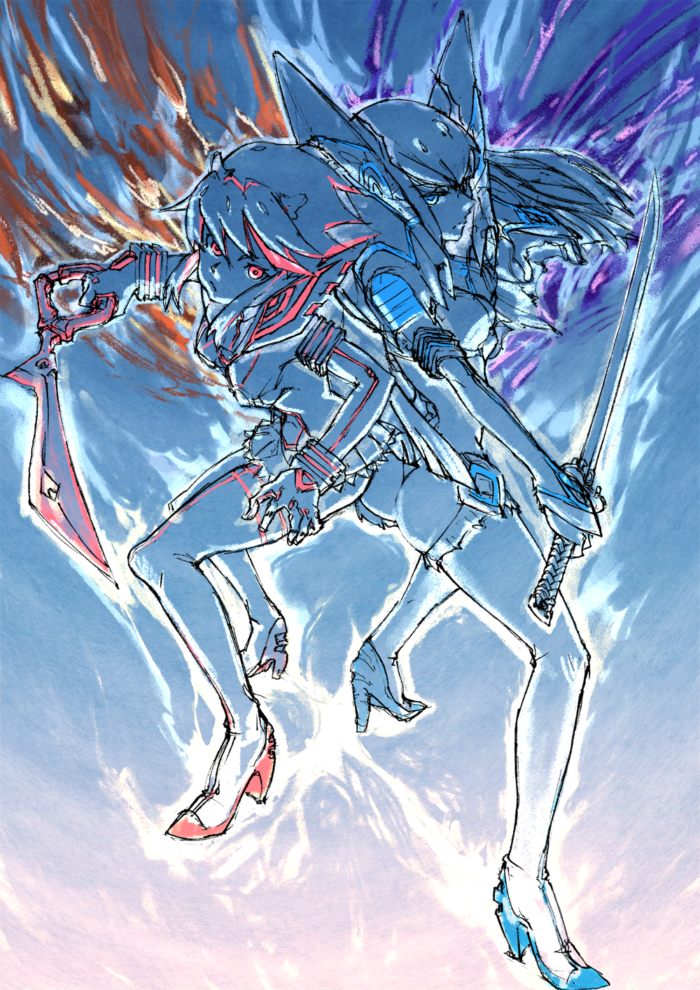 10s 2girls ass aura back-to-back blue_eyes boots fighting_stance highres junketsu kill_la_kill kiryuuin_satsuki matoi_ryuuko multicolored_hair multiple_girls red_eyes red_hair revealing_clothes scissor_blade_(kill_la_kill) senketsu shinashina short_hair spot_color sword thigh_boots thighhighs two-tone_hair weapon