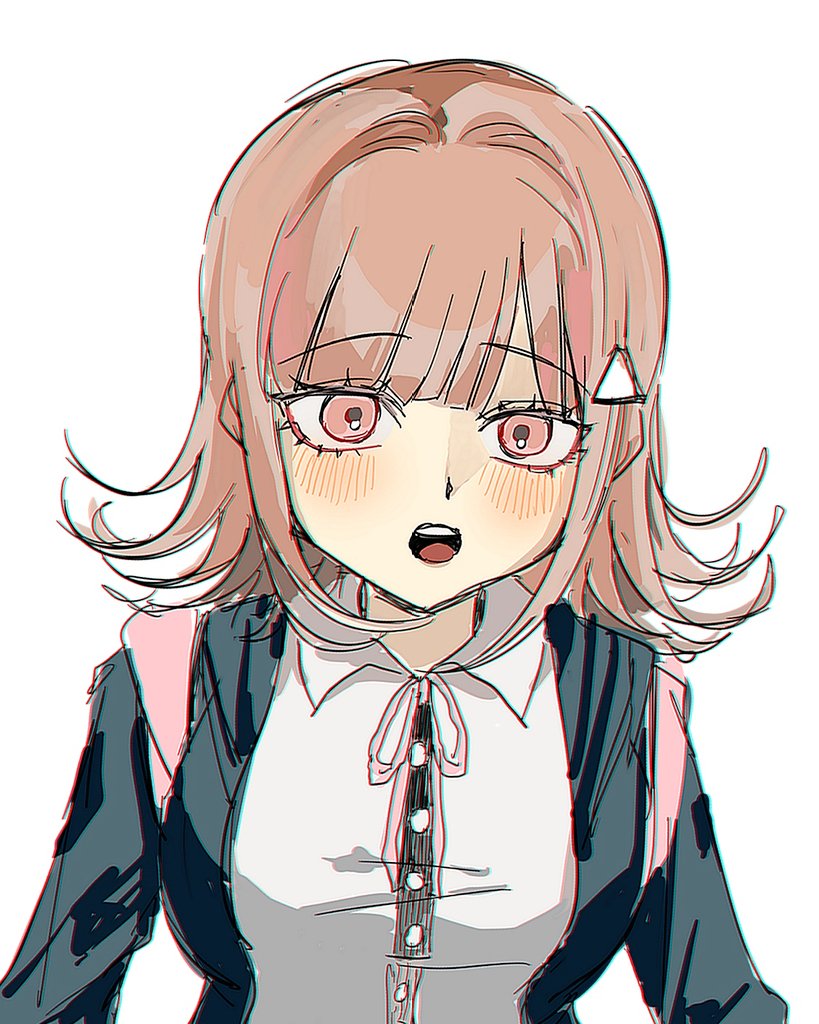 1girl alternate_hair_ornament blush breasts brown_hair collared_shirt danganronpa_(series) danganronpa_2:_goodbye_despair flipped_hair hair_ornament jacket long_sleeves looking_at_viewer medium_hair nanami_chiaki neck_ribbon open_clothes open_jacket pink_eyes pink_ribbon ribbon shirt solo triangle_hair_ornament two-tone_shirt white_shirt yeonju