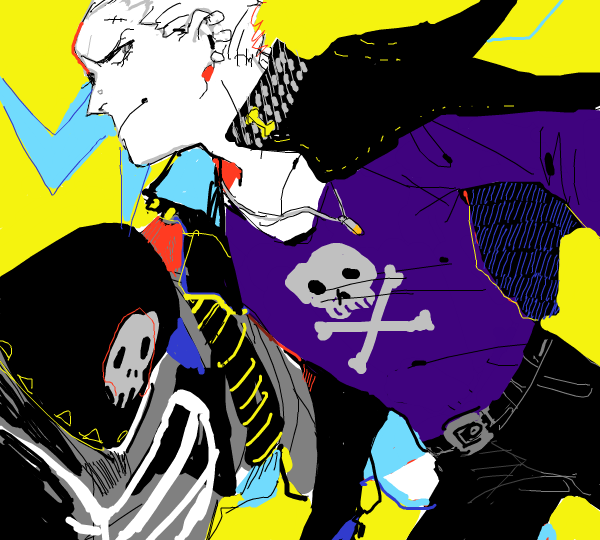 2boys atlus bad_drawr_id bad_id belt bullet ear_piercing grey_eyes hira hira_(meteoric) jacket jacket_on_shoulders jolly_roger long_sleeves looking_at_viewer male_focus multiple_boys nose_piercing pants persona persona_4 piercing scar short_hair standing take-mikazuchi take_mikazuchi tatsumi_kanji white_hair widow&#039;s_peak