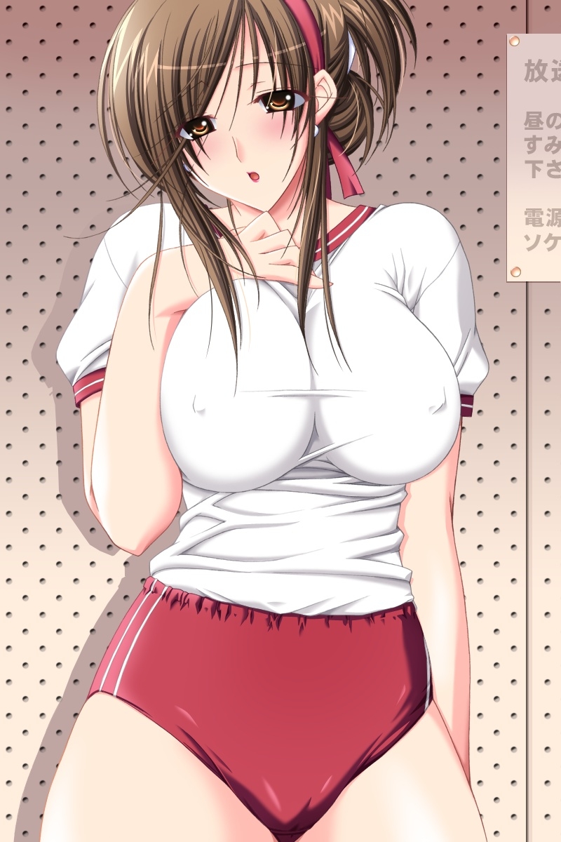 00s 10s 1girl akizuki_sara atelier_kaguya blush breasts brown_hair buruma choco_chip covered_erect_nipples double_vertical_stripe female_focus game_cg gym_uniform highres katei_kyoushi_no_oneesan kateikyoushi_no_onee-san large_breasts mature_female ribbon solo