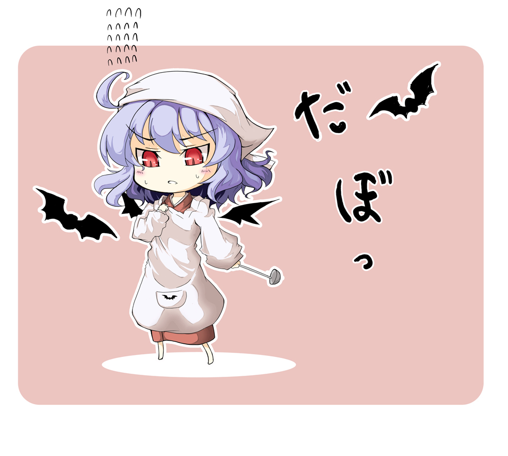 1girl bat_(animal) bat_wings blue_hair female_focus headscarf holding ladle mintmochi_(artist) mochinabe outline paw_print pink_background red_eyes remilia_scarlet simple_background solo standing sweatdrop touhou translation_request wings