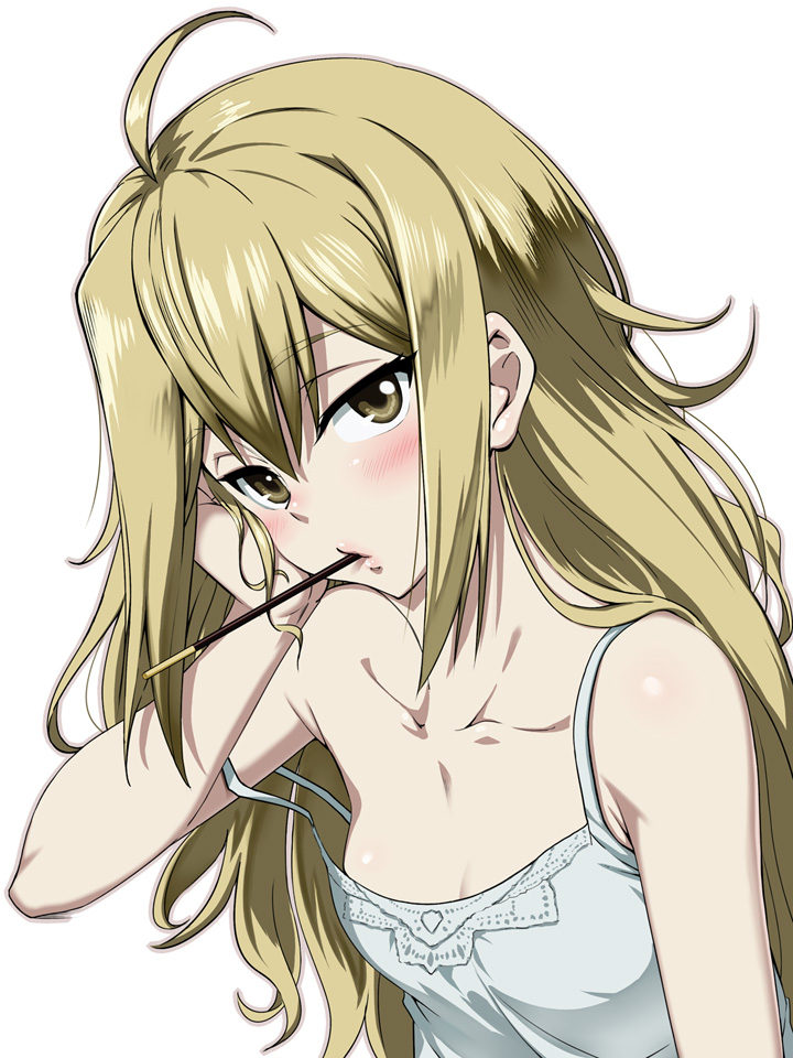 10s 1girl ahoge blonde_hair blush breasts brown_eyes camisole cleavage collarbone female_focus food koujiro_frau lips long_hair mouth_hold nyamota pocky robotics;notes solo strap_slip upper_body