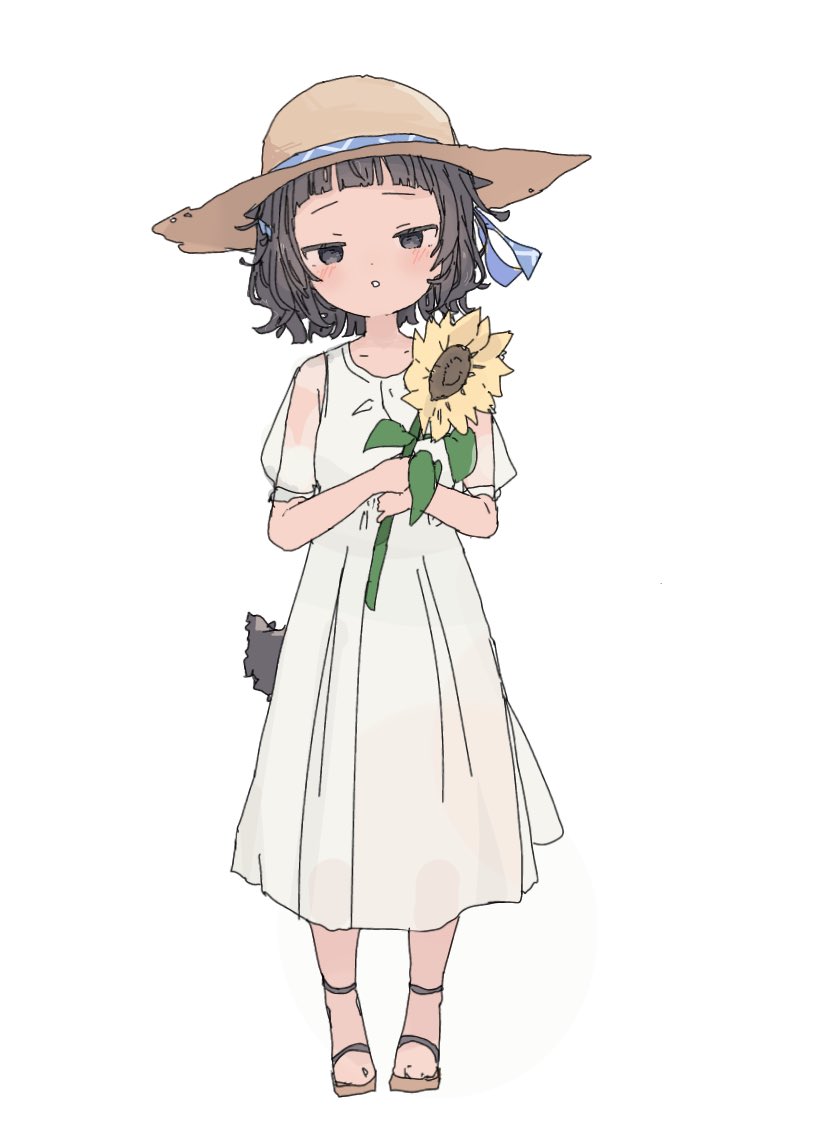 1girl bad_feet barefoot black_eyes black_hair dress flower full_body hat holding holding_flower jitome looking_at_viewer original parted_lips sandals see-through_clothes see-through_sleeves short_hair short_sleeves solo sun_hat sunflower tail uzoumuzo