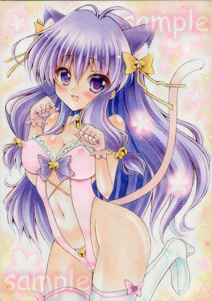 1girl animal_ears bell blush boots bow breasts cat_ears cat_girl cat_tail cleavage clothing_cutout covered_erect_nipples hair_bell hair_bow hair_ornament long_hair navel navel_cutout open_mouth paw_pose purple_bow purple_eyes purple_hair ranma_1/2 sample_watermark shampoo_(ranma_1/2) smile tail thigh_boots traditional_media wakaba0801 watermark white_footwear yellow_bow