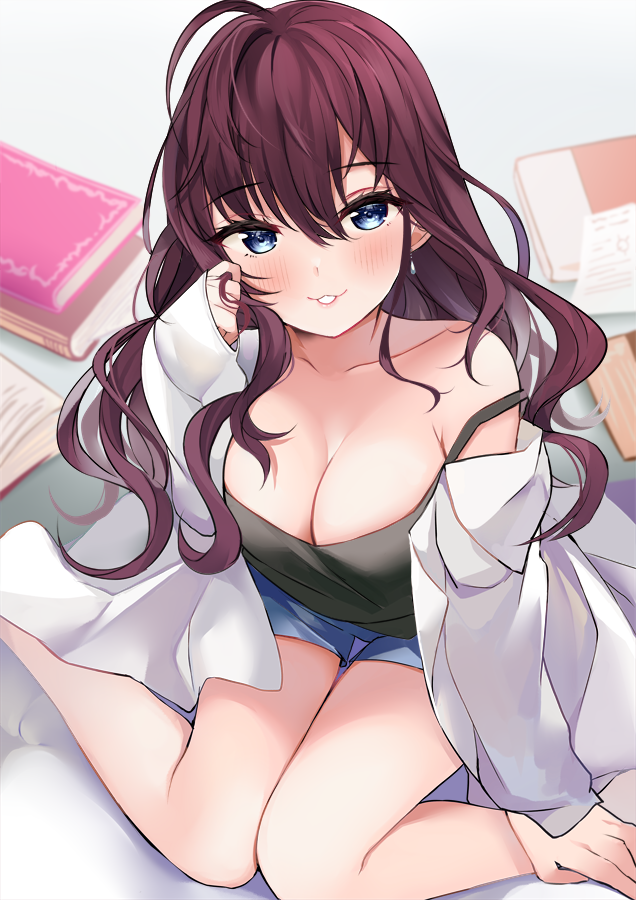 1girl :3 ahoge arm_support blue_eyes blue_shorts blush book breasts brown_hair cleavage collarbone earrings green_shirt hair_between_eyes hand_up ichinose_shiki idolmaster idolmaster_cinderella_girls idolmaster_cinderella_girls_starlight_stage jewelry lab_coat long_hair long_sleeves looking_at_viewer medium_breasts paper parted_lips ry_thae shirt shorts single_bare_shoulder single_off_shoulder sitting sleeveless sleeveless_shirt sleeves_past_wrists smile solo strap_slip wariza wavy_hair