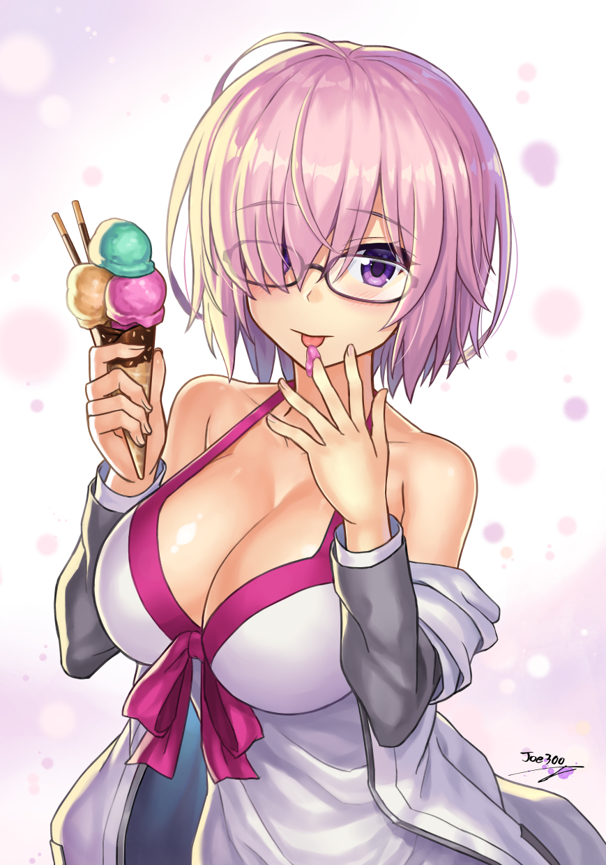 1girl bare_shoulders blush bow bow_swimsuit breasts cleavage collarbone dress dress_swimsuit fate/grand_order fate_(series) female_focus food glasses hair_over_one_eye highres ice_cream ice_cream_cone large_breasts licking light_particles light_purple_hair looking_at_viewer mash_kyrielight mash_kyrielight_(swimsuit_of_perpetual_summer) npcpepper official_alternate_costume one-piece_swimsuit pink_bow purple_eyes shiny_skin short_hair sleeveless sleeveless_dress solo swimsuit white_one-piece_swimsuit