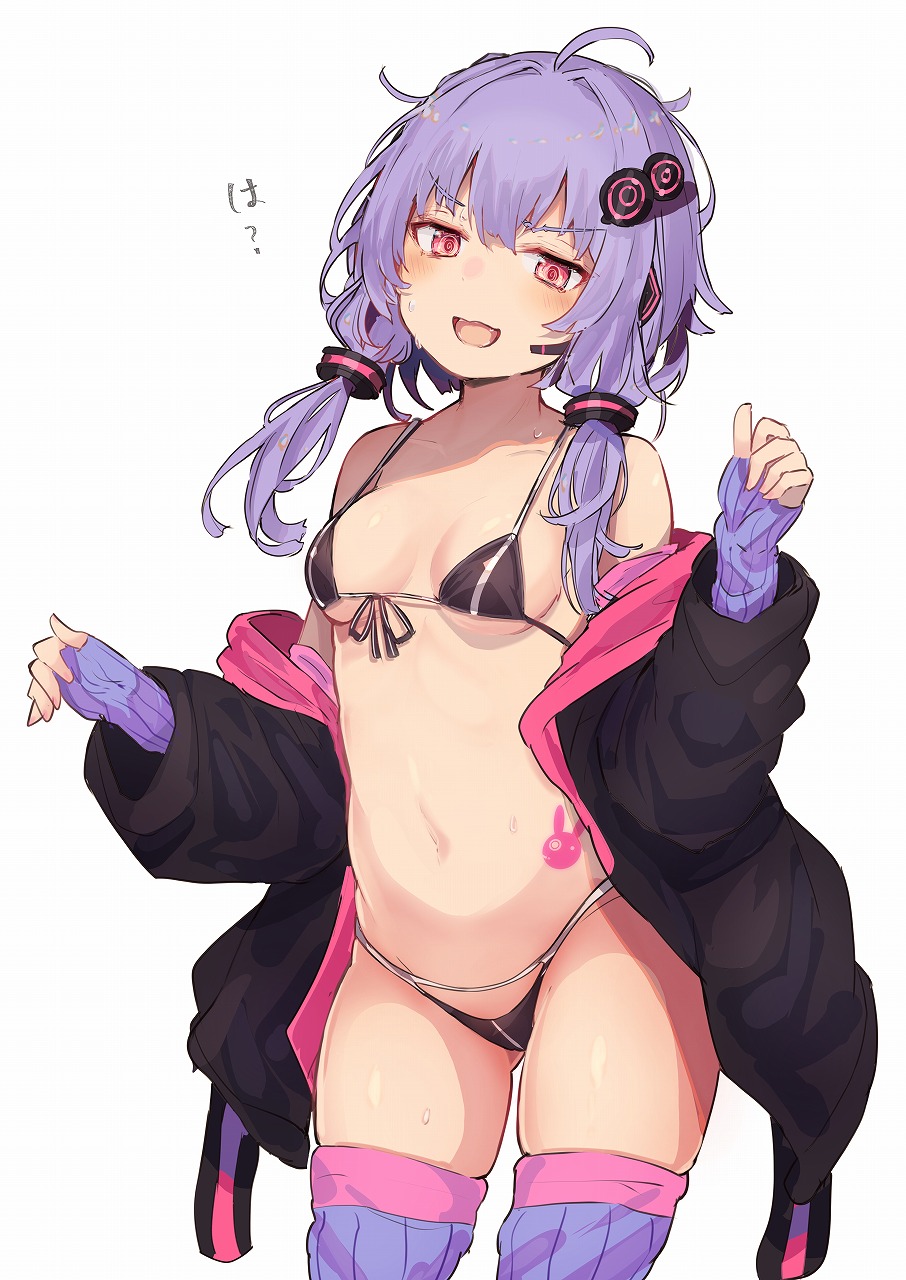 1girl ahoge bikini breasts hair_ornament highres hood hoodie kujira_hebi long_hair long_sleeves medium_breasts navel orange_eyes purple_hair purple_thighhighs rabbit_tattoo ribbon simple_background sleeves_past_wrists smile solo swimsuit tattoo thighhighs thighs undressing voiceroid yuzuki_yukari