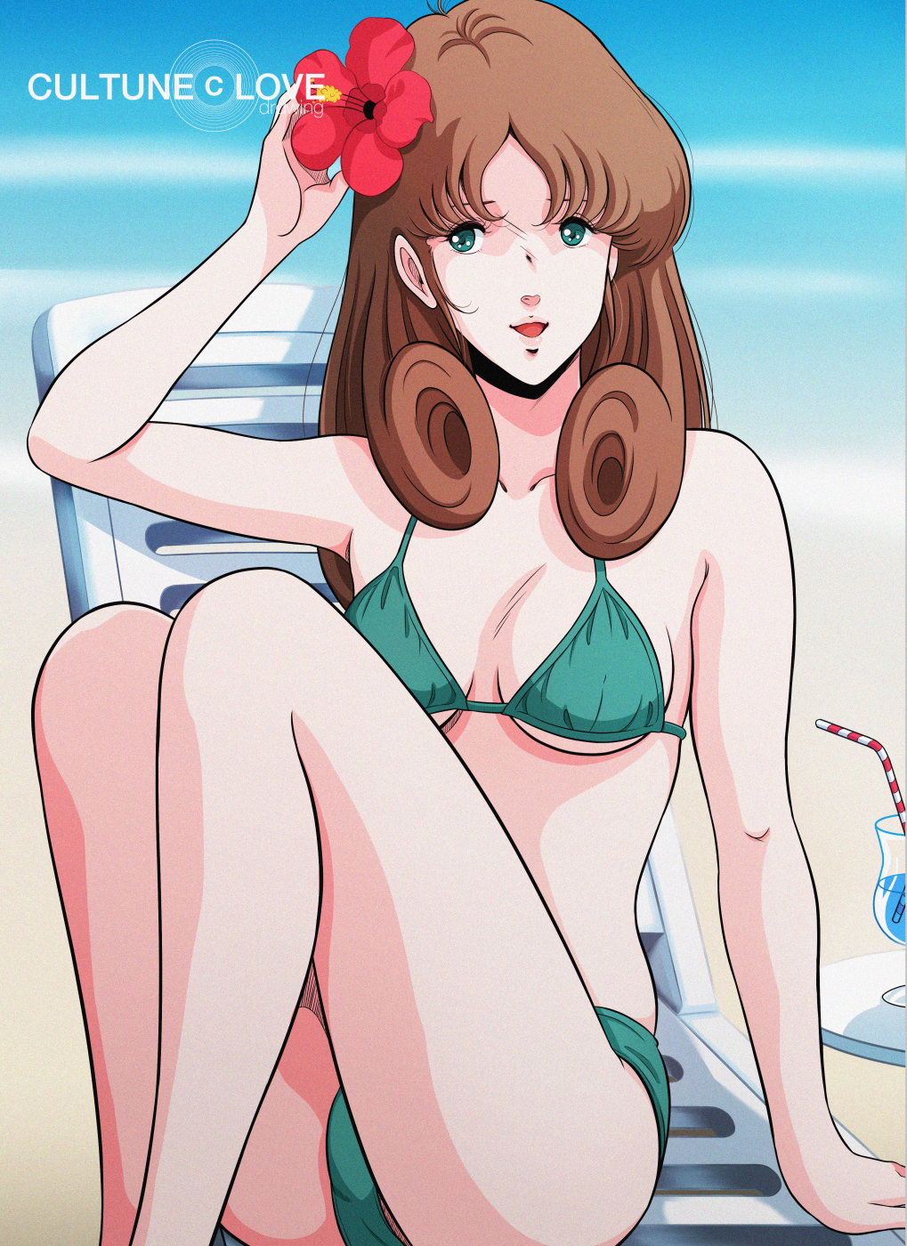 1980s_(style) beach_chair bikini breasts choujikuu_yousai_macross drink flower green_eyes hair_flower hair_ornament hayase_misa highres long_hair macross macross:_do_you_remember_love? medium_breasts oldschool retro_artstyle sitting smile swimsuit waeba_yuusee