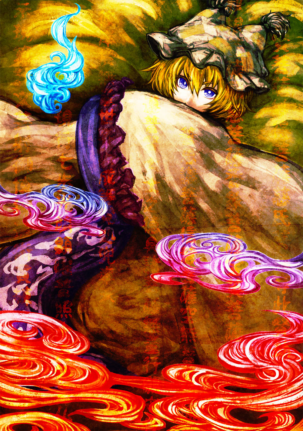 1girl akasia alternate_eye_color blonde_hair blue_eyes blue_fire female_focus fire fox_tail hat highres multiple_tails short_hair solo tail touhou yakumo_ran