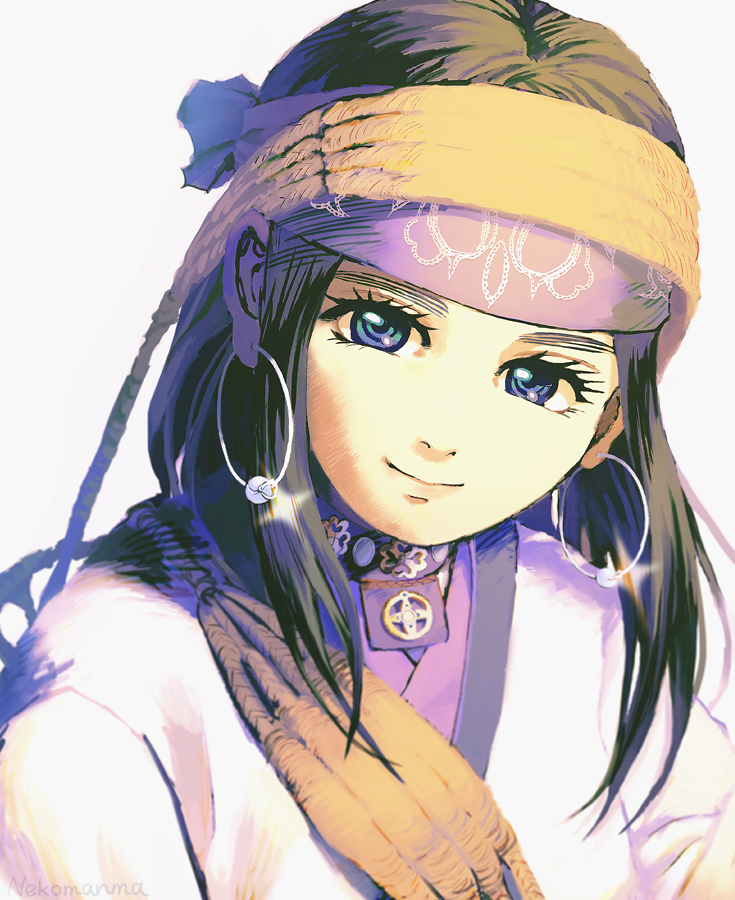 1girl ainu ainu_clothes asirpa black_hair blue_eyes commentary_request earrings eyelashes golden_kamuy headband hoop_earrings jewelry long_hair looking_at_viewer nekosoul purple_headband sidelocks simple_background smile solo sparkle upper_body white_background