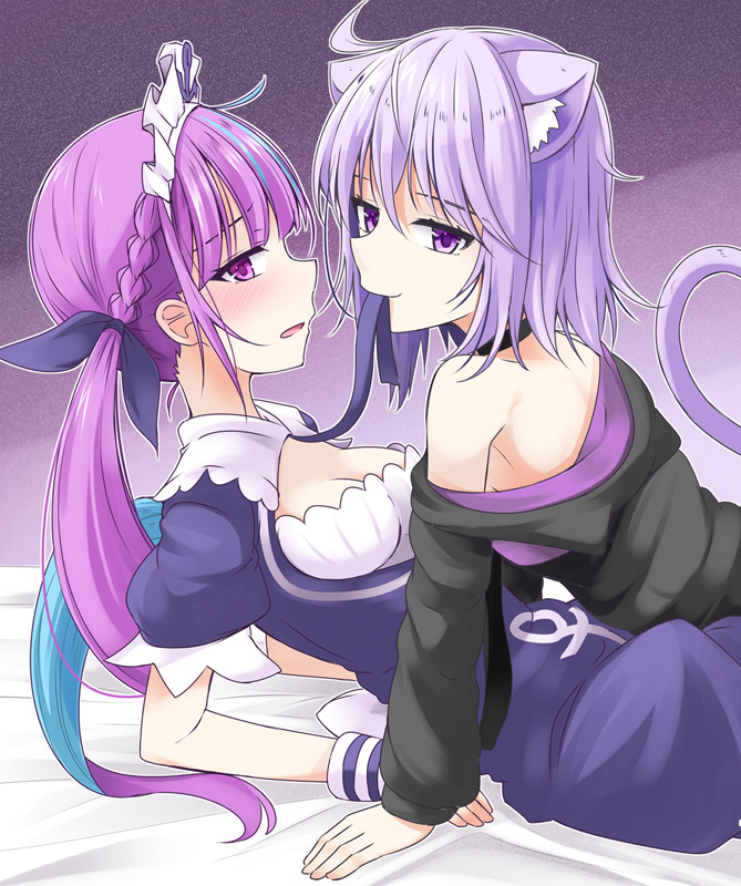 2girls ahoge animal_ear_fluff animal_ears aqua_hair bare_shoulders black_choker black_hoodie blue_ribbon blush braid breasts cat_ears cat_tail choker cleavage cleavage_cutout clothing_cutout commentary_request french_braid hair_ribbon hololive hood hoodie ichimi long_hair long_sleeves looking_at_another maid_headdress minato_aqua mouth_hold multicolored_hair multiple_girls nekomata_okayu nekomata_okayu_(1st_costume) off_shoulder open_mouth puffy_short_sleeves puffy_sleeves purple_eyes purple_hair ribbon ribbon_in_mouth short_hair short_sleeves small_breasts streaked_hair tail twintails virtual_youtuber yuri