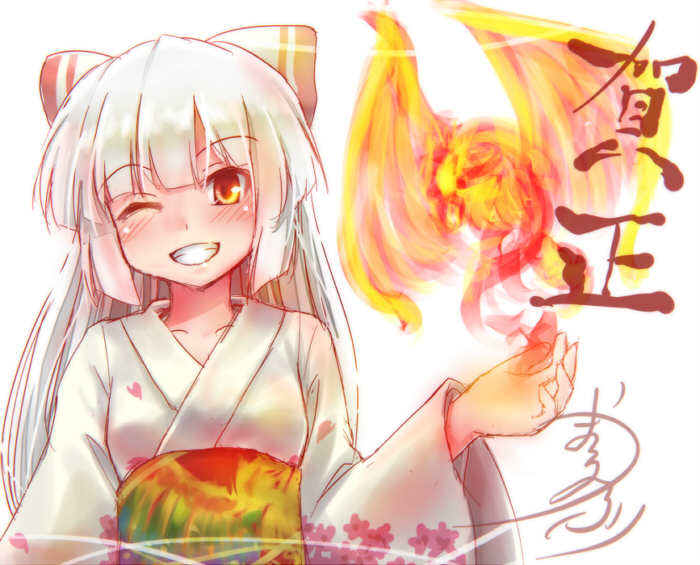 1girl alternate_costume bird bow female_focus fujiwara_no_mokou grin hair_bow japanese_clothes kimono long_hair one_eye_closed phoenix red_eyes smile solo teeth touhou umarutsufuri white_hair