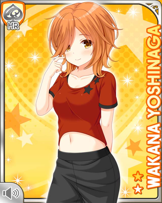 1girl arm_band black_pants breasts brown_hair card_(medium) character_name closed_mouth girlfriend_(kari) hair_over_one_eye pants qp:flapper red_shirt shirt short_hair smile tagme workout_clothes yellow_background yellow_eyes yoshinaga_wakana