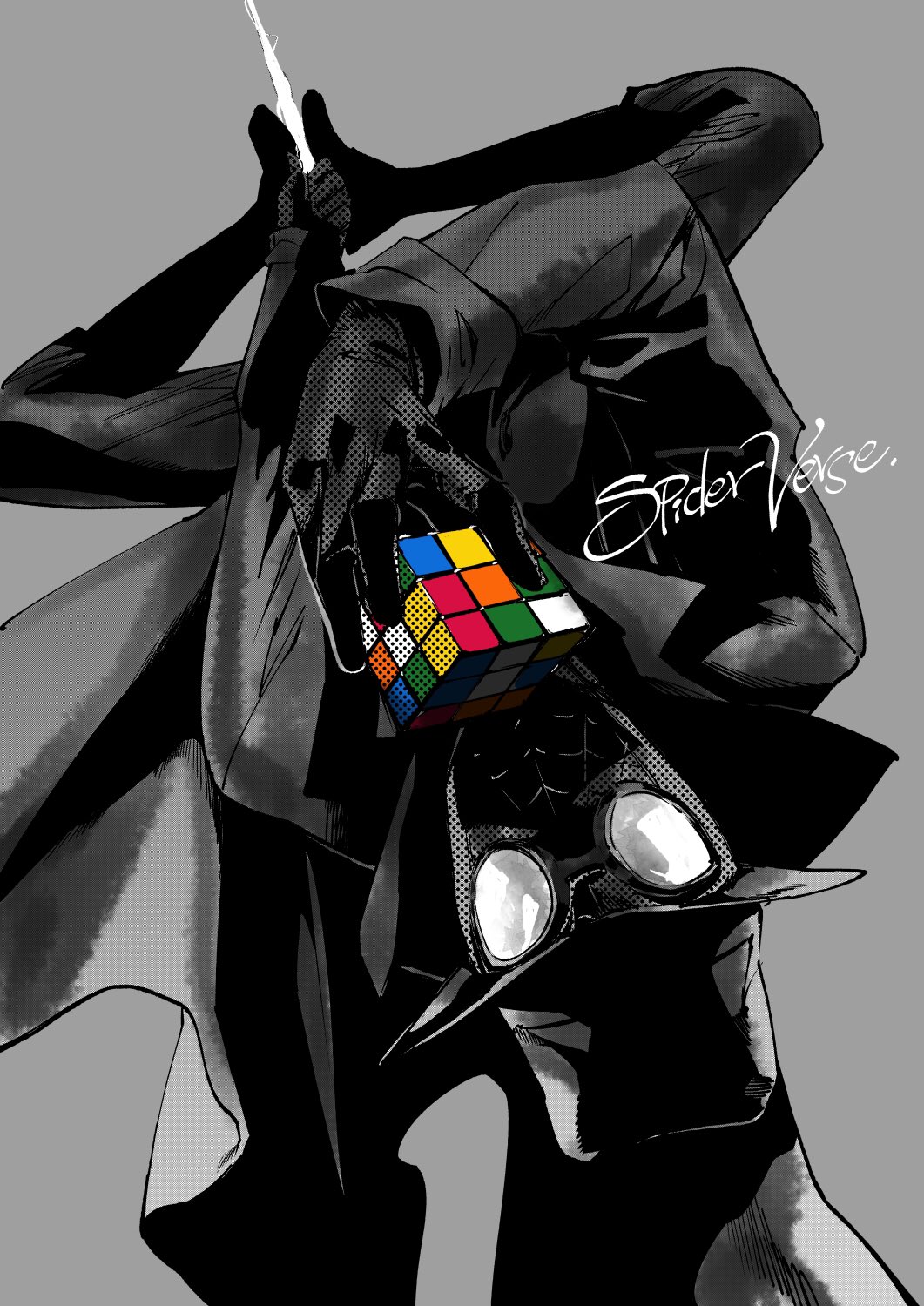 1boy ahn_dongshik coat copyright_name cube fedora gloves grey_background hat highres holding holding_cube holding_rope holding_toy looking_at_viewer male_focus marvel mask rope rubik&#039;s_cube silk simple_background solo spider-man:_into_the_spider-verse spider-man_(series) spider-man_noir spider-verse spider_web spider_web_print spot_color superhero_costume toy trench_coat upside-down