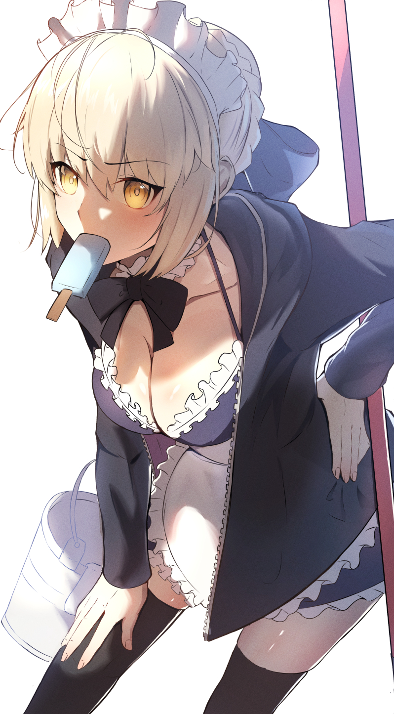 1girl apron artoria_pendragon_(alter_swimsuit_rider)_(fate) artoria_pendragon_(alter_swimsuit_rider)_(second_ascension)_(fate) artoria_pendragon_(fate) bikini black_bikini black_thighhighs blonde_hair braid breasts bridal_garter choker fate/grand_order fate_(series) food food_in_mouth frilled_bikini frilled_choker frills highres hood hoodie ice_cream jacket large_breasts looking_at_viewer maid maid_bikini maid_headdress mop open_clothes open_hoodie popsicle popsicle_in_mouth short_hair solo swimsuit thighhighs thighs umi_endu unconventional_maid waist_apron yellow_eyes zettai_ryouiki