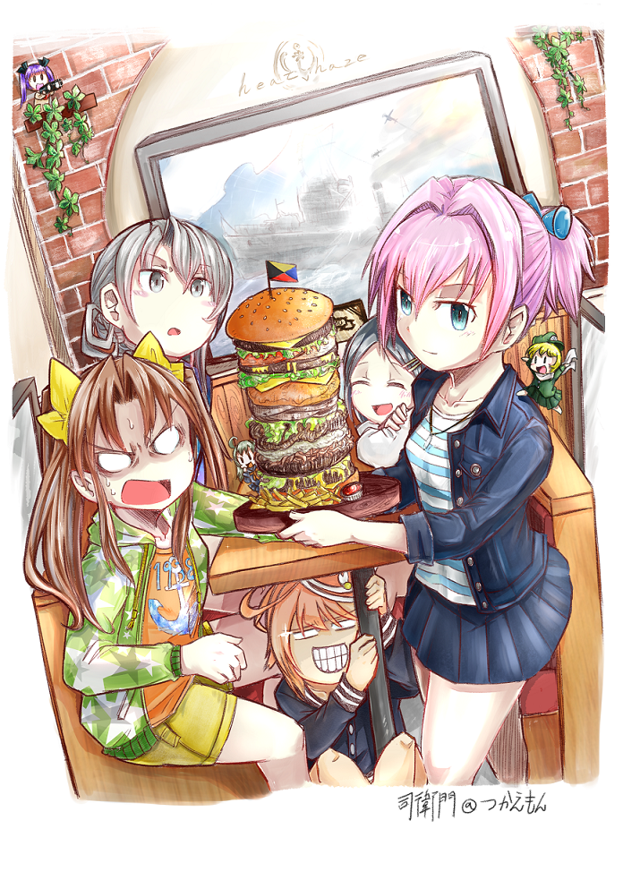 5girls alternate_costume artist_name asymmetrical_hair bad_id bad_pixiv_id black_hair blue_jacket brown_hair closed_eyes fairy_(kancolle) food hair_ornament hair_ribbon hairclip burger hood hoodie i-58_(kancolle) indoors jacket kagerou_(kancolle) kantai_collection kuroshio_(kancolle) long_hair multiple_girls nowaki_(kancolle) open_mouth pink_hair pleated_skirt ponytail ribbon shiranui_(kancolle) short_hair grey_eyes silver_hair skirt table tsukasa-emon twintails under_table z-flag