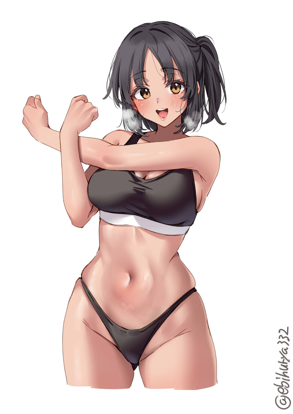 1girl artist_name bare_shoulders black_hair black_panties black_sports_bra blush breasts cropped_legs ebifurya gluteal_fold groin heavy_breathing highleg highleg_panties highres kantai_collection looking_at_viewer medium_breasts medium_hair nagara_(kancolle) navel one-hour_drawing_challenge one_side_up open_mouth panties parted_bangs sideboob sidelocks simple_background skindentation smile solo sports_bra stretching tan teeth thighs twitter_username underwear upper_teeth_only white_background